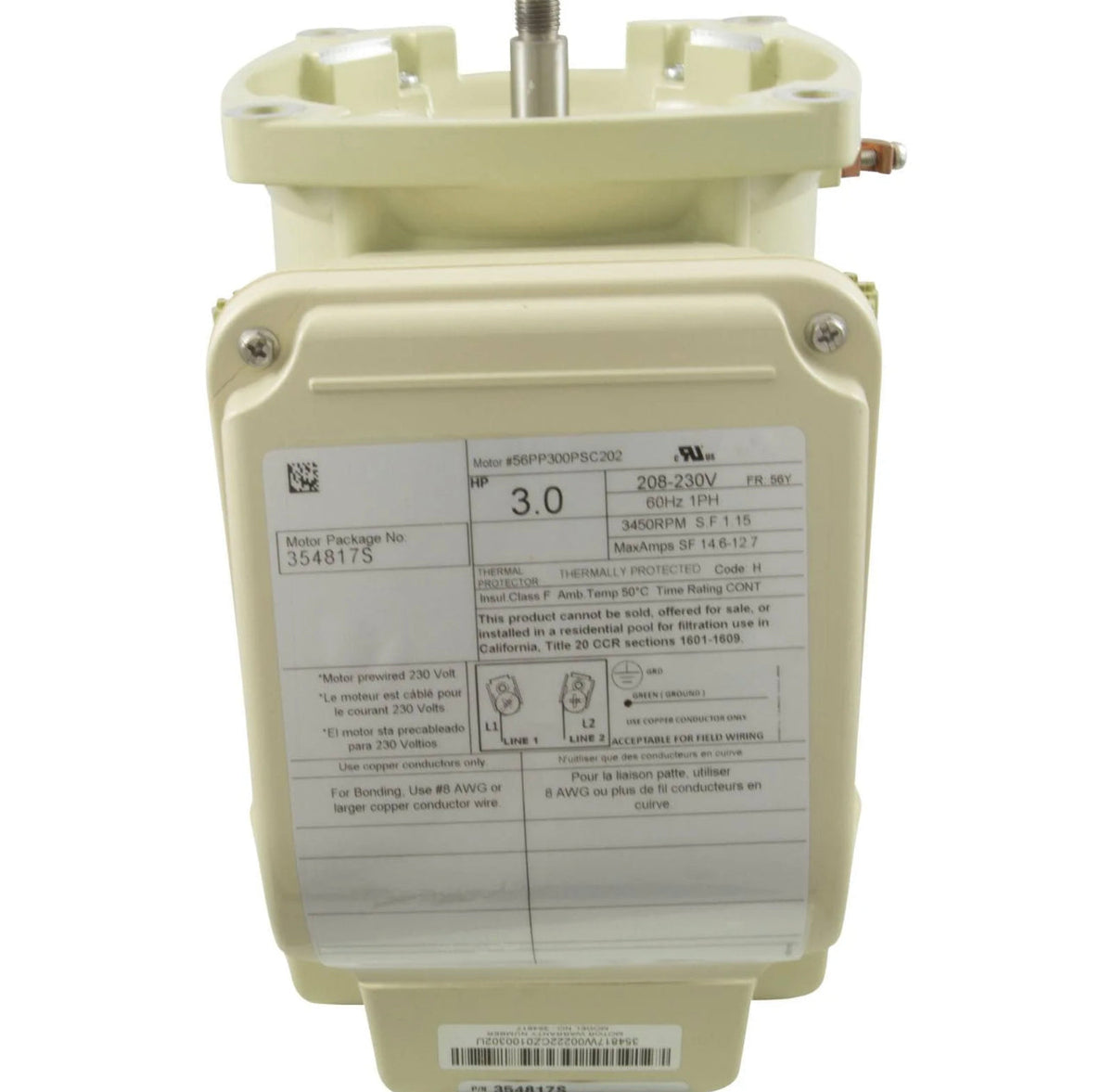Pentair WhisperFlo Pump Motor, Single Speed, 3 HP, TEFC | 354817S – view 3 by Pool Supply Wholesale